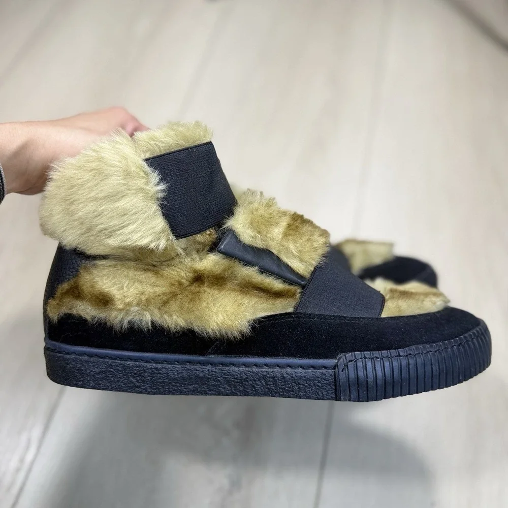 NEW‎ ZARA Faux Fur Lined High Top Cozy Shoes Mens US 9 EU 42 Black Hook Slip On